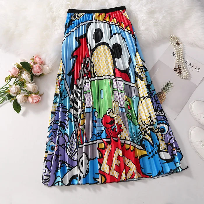 Casual Floral Midi Pleated Skirt For Women Fashion Printed Flower A Line Elastic High Waist Mid-length Skirt Female Ladies falda