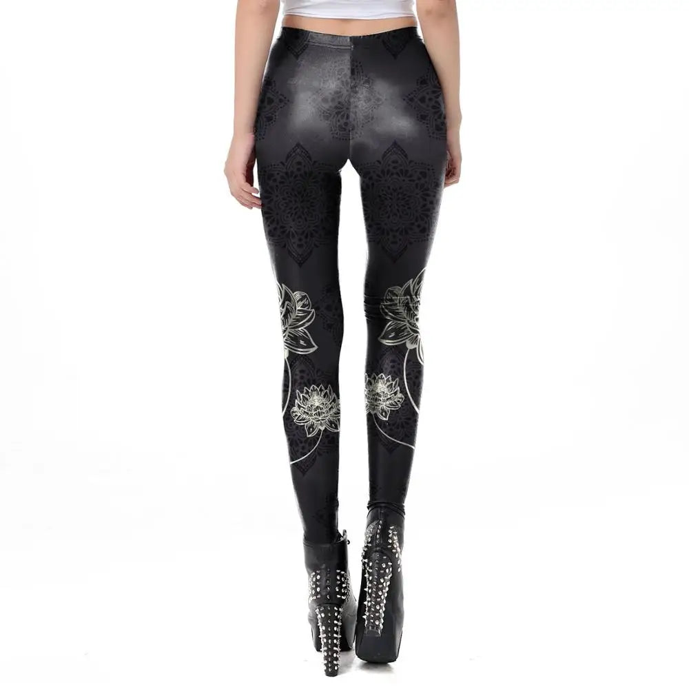 FCCEXIO White Lotus Printed Leggings Women Fitness Pants Female Sexy Black Mid Waist Leggins Workout Elastic Mandala Legins