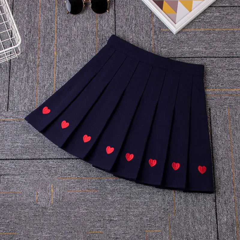 Heart Embroidered Pleated Mini Skirt