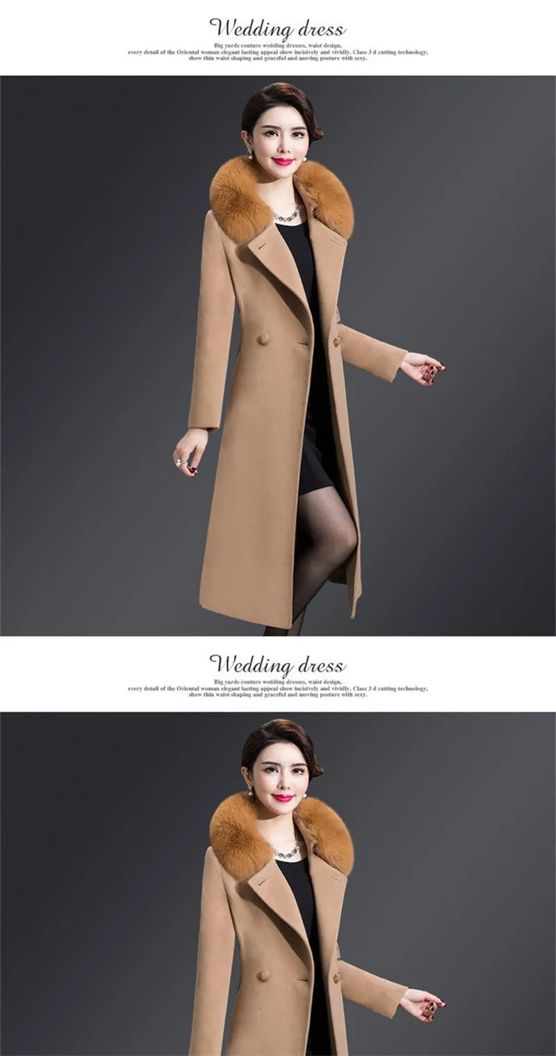 High Quality Big Fur Collar Woolen Coat Women Belt Knee-Length Double Breasted Mid-Long Woolen Jacket For Autumn Winter Outcoat