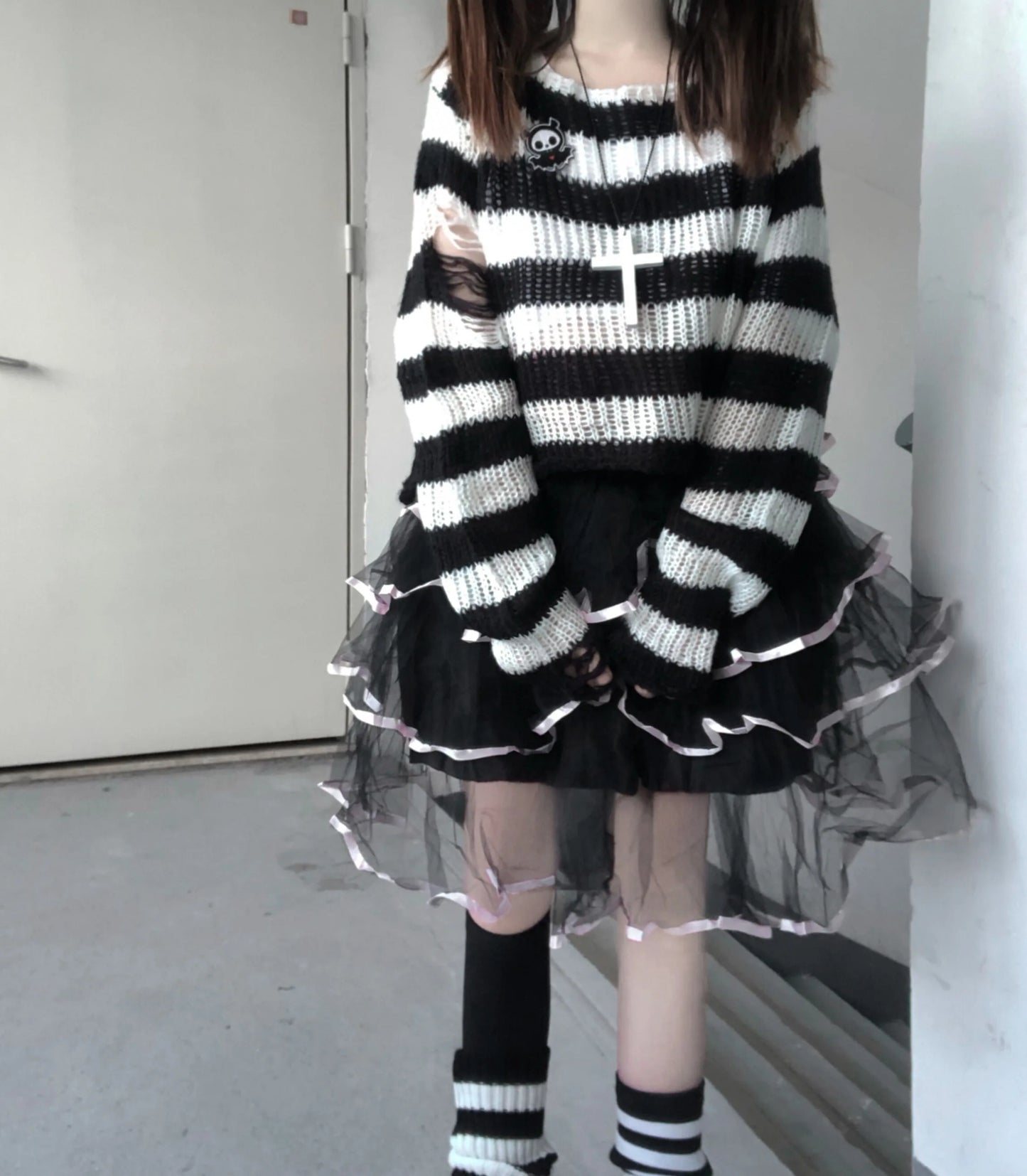 Karrram Pink Striped Gothic Sweaters Women Ripped Holes Loose Knitted Pullover Frayed Fairy Grunge Jumpers Emo Streetwear Lolita