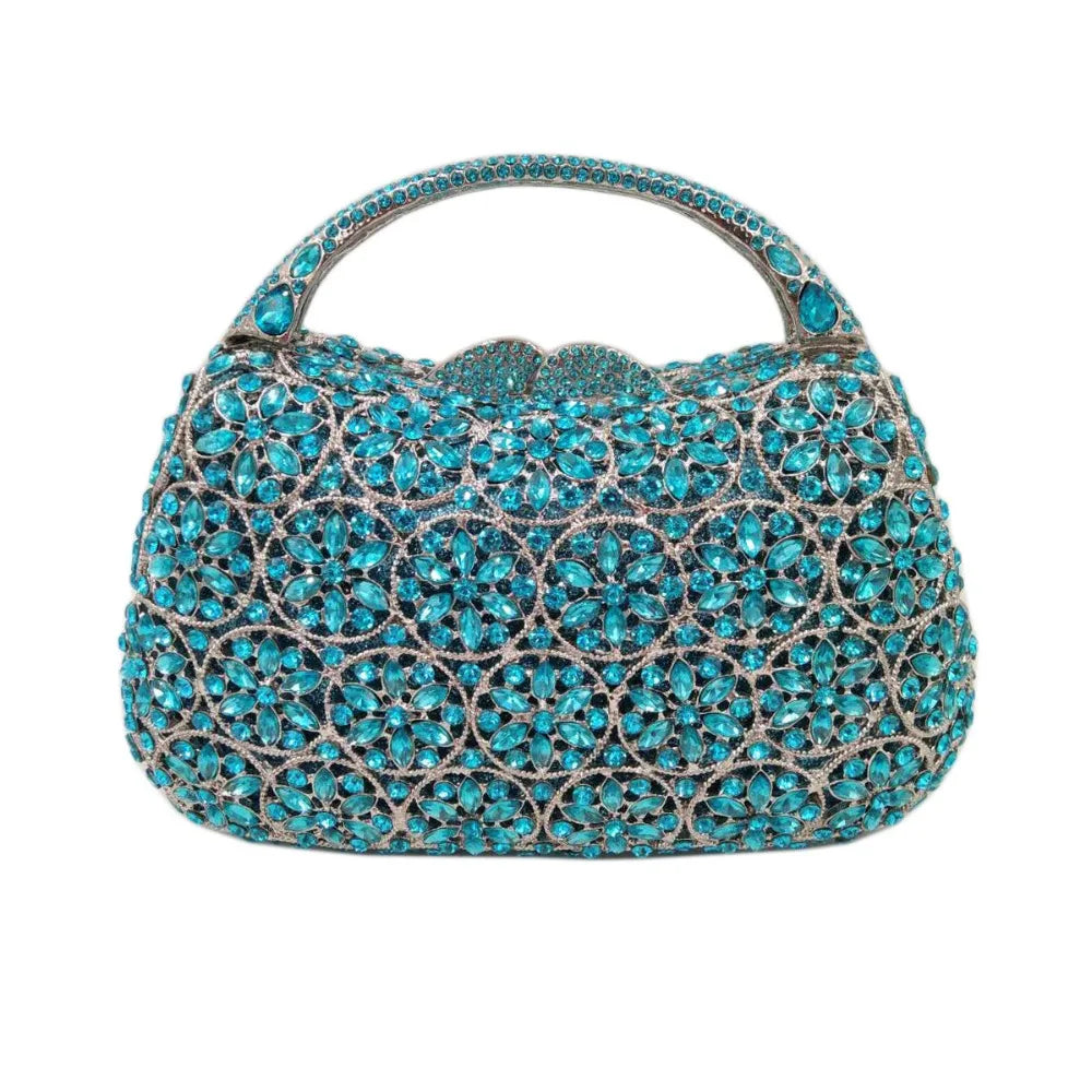 Women Champagne/Blue Color Stone Evening Bags Purses and Handbags Wedding Party Dinner Crystal Flower Clutch Bags Minaudiere Bag