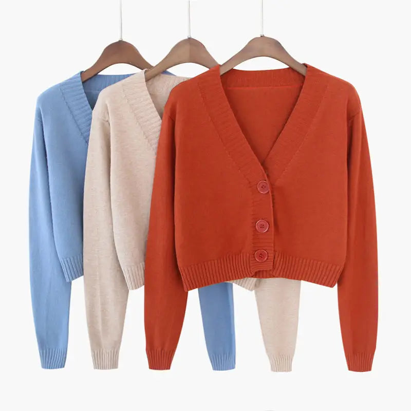 Knitted Cropped Cardigan Women Korean Short Sweater Long sleeve Crop Top V neck Fashion Y2k Clothes Green Blue