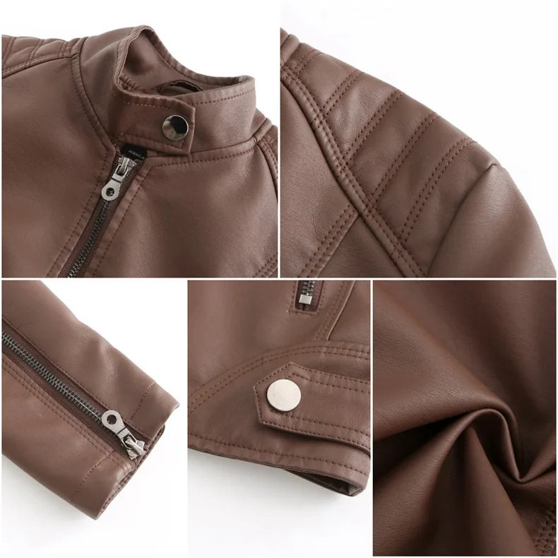 Women Leather Jacket 2025 Spring Autumn Black PU Leather Coat Stand-up Collar Motor Biker Jacket
