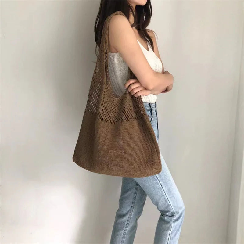 Custom Personalized Knitting Crochet Tote Bags Shoulder Handbags for Women Summer Beach Fashion Weaving Hollow Handbag