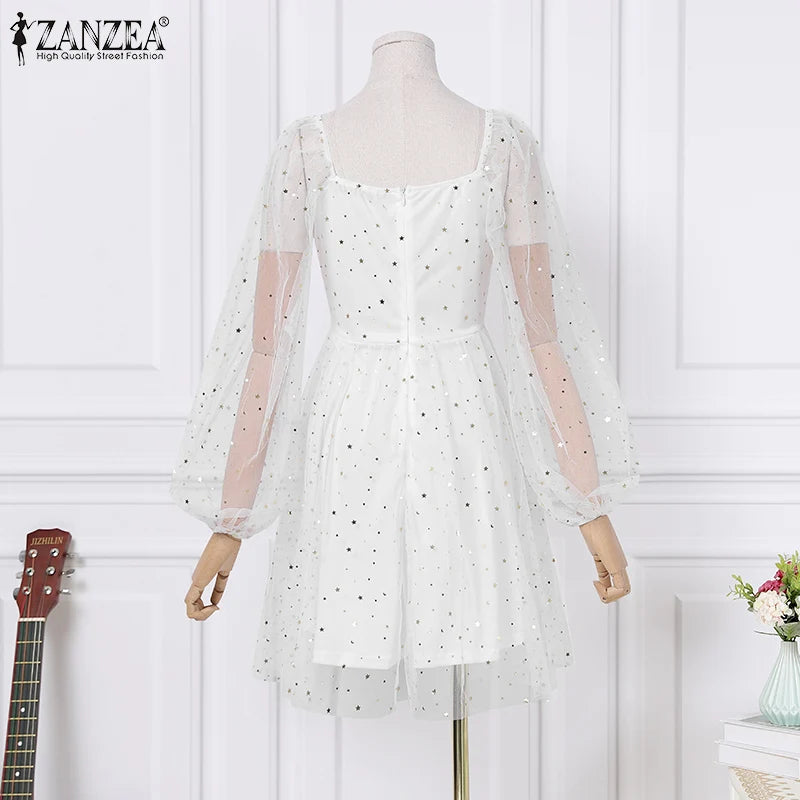 ZANZEA Elegant Women Dress 2024 Spring Summer Lace Patchwork Knee Length Dresses Casual Solid Long Sleeve A-line Oversized Robe