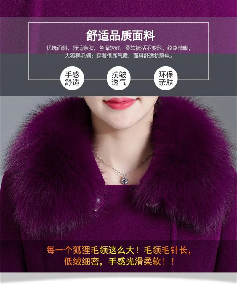 High Quality Big Fur Collar Woolen Coat Women Belt Knee-Length Double Breasted Mid-Long Woolen Jacket For Autumn Winter Outcoat