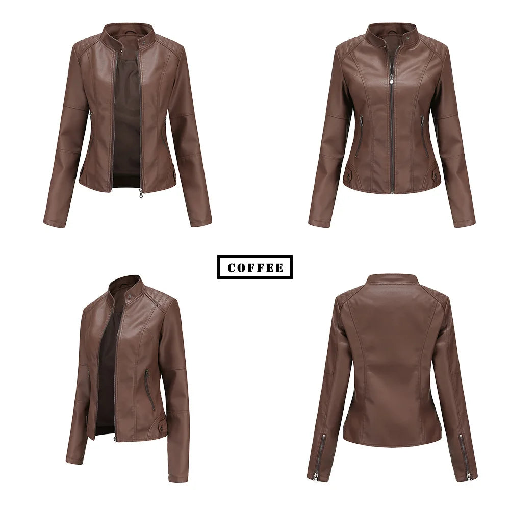 Women Leather Jacket 2025 Spring Autumn Black PU Leather Coat Stand-up Collar Motor Biker Jacket