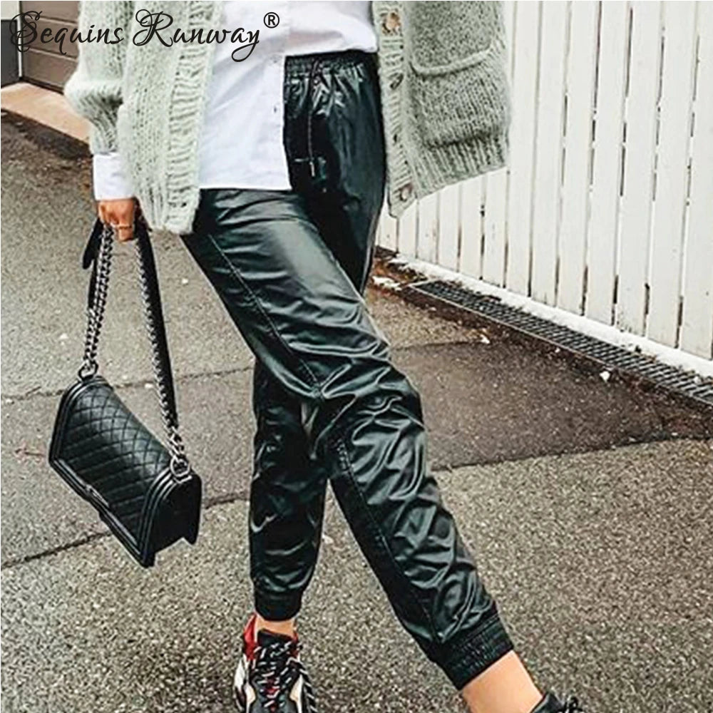 Sexy black high waist PU leather pants women fashion streetwear baggy pants trousers woman clothing gothic casual harem pants