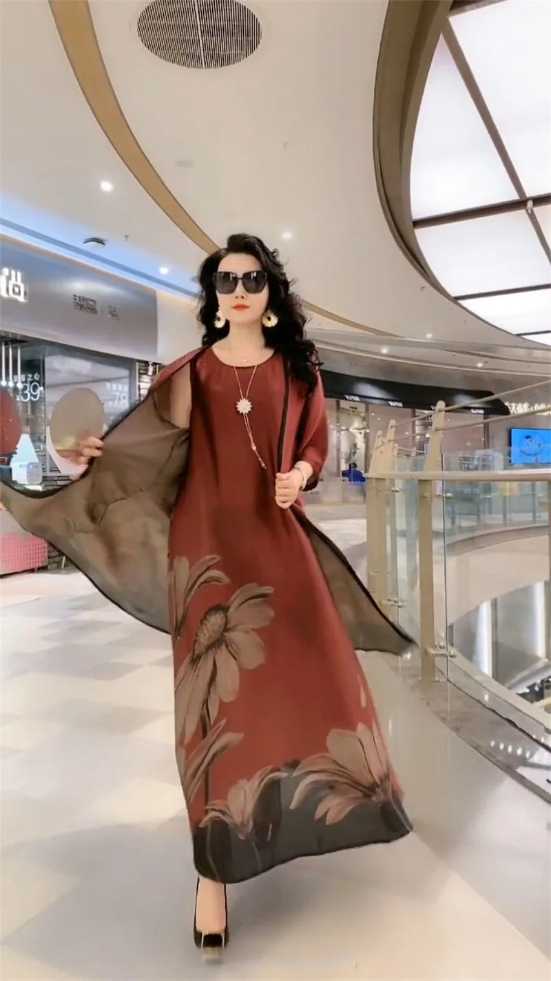 Middle Aged Mother Dress Suit Summer Casual Fashion Printing Two Piece Suits Long Dress Suits Women Temperament Dress Sets 729