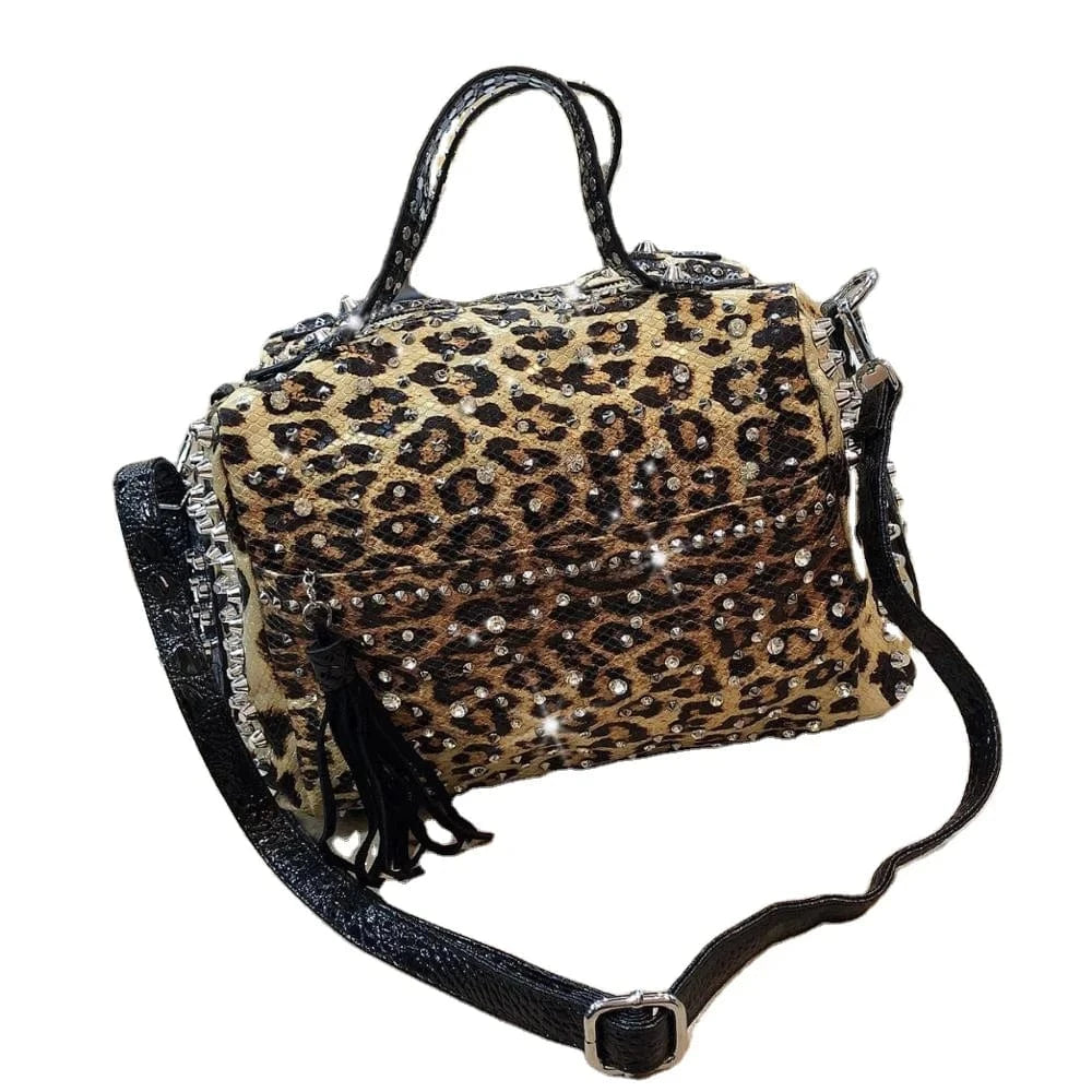 New Trend Handbags Personality Fashion Retro Leopard Rhinestone Handbag Rivet Shoulder Bag Ladies Casual Handbag Messenger Bag