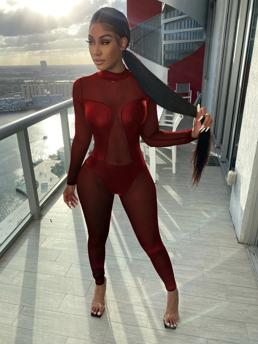 PU Leather Patchwork Mesh Jumpsuit for Women Bodycon Romper Long Sleeve See-through Night Out Club Party Jumpsuit Body Overalls