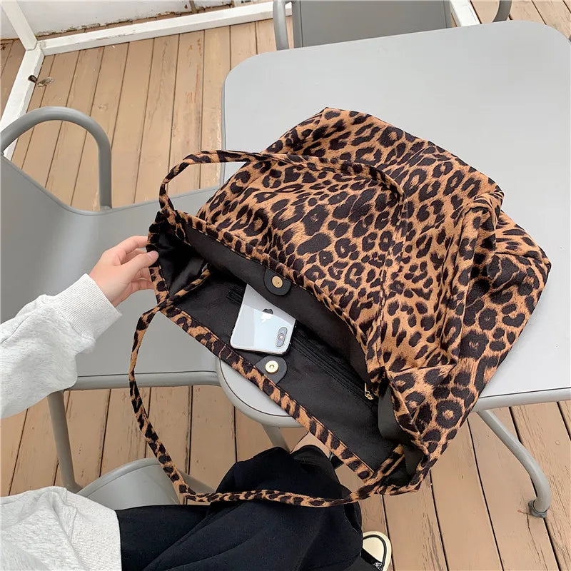 Fashion Women's Leopard Print Canvas Tote Bag Large Capacity Eco-Friendly Portable Foldable Shoulder Shopping Bag
