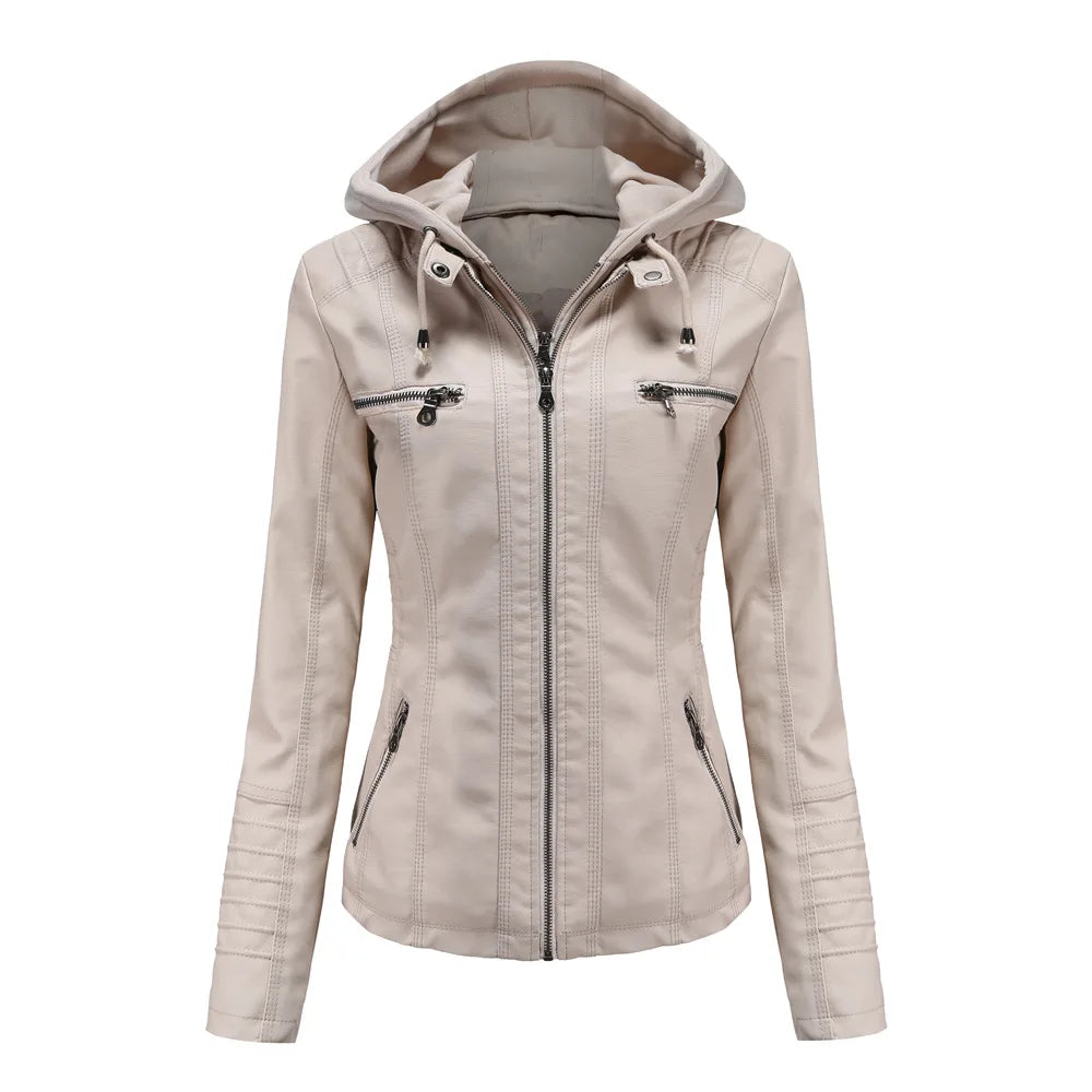 Autumn Winter Women Leather Jacket Hooded Removable PU Leather Jackets Motorcycle Long Sleeve Zipper Coat Black Outerwear XS-7XL