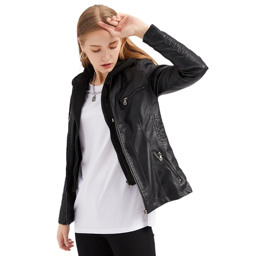 Autumn Winter Women Leather Jacket Hooded Removable PU Leather Jackets Motorcycle Long Sleeve Zipper Coat Black Outerwear XS-7XL