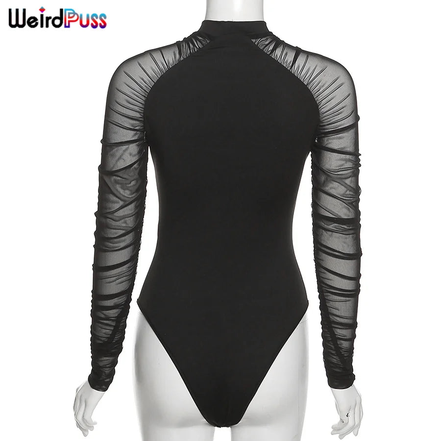 Weird Puss 2023 Mesh Patchwork Bodysuit Sexy Women Sleeve Ruched Skinny Turtleneck Bodycon Elegant Wild Tops Streetwear Outfits