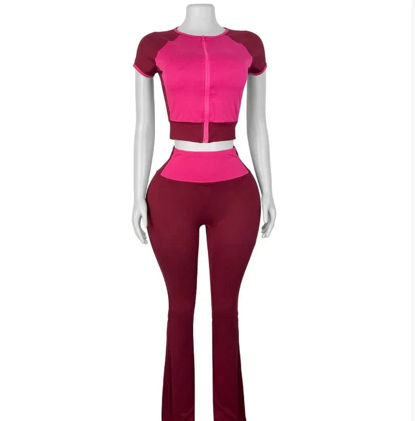 2025 New Women Spring Summer Outfit Set - Round Neck Zipper Tank Top + High Waist Flare Long Pants (Dropshipping/Wholesale)