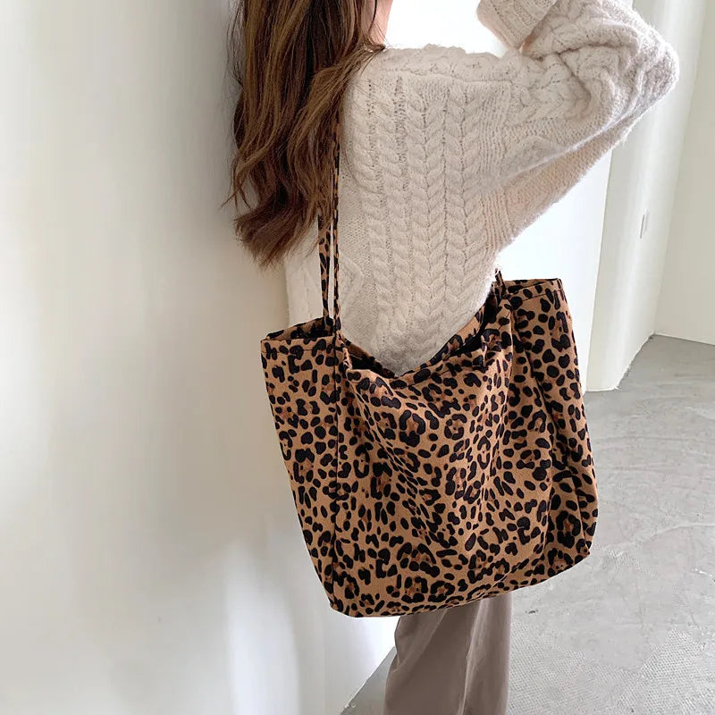 Fashion Women's Leopard Print Canvas Tote Bag Large Capacity Eco-Friendly Portable Foldable Shoulder Shopping Bag