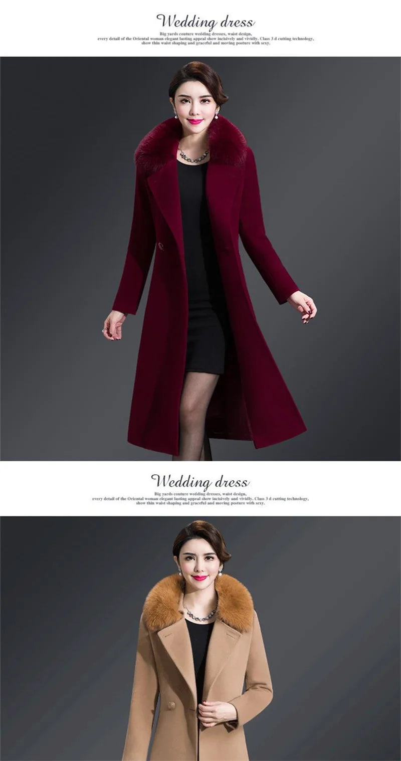 High Quality Big Fur Collar Woolen Coat Women Belt Knee-Length Double Breasted Mid-Long Woolen Jacket For Autumn Winter Outcoat