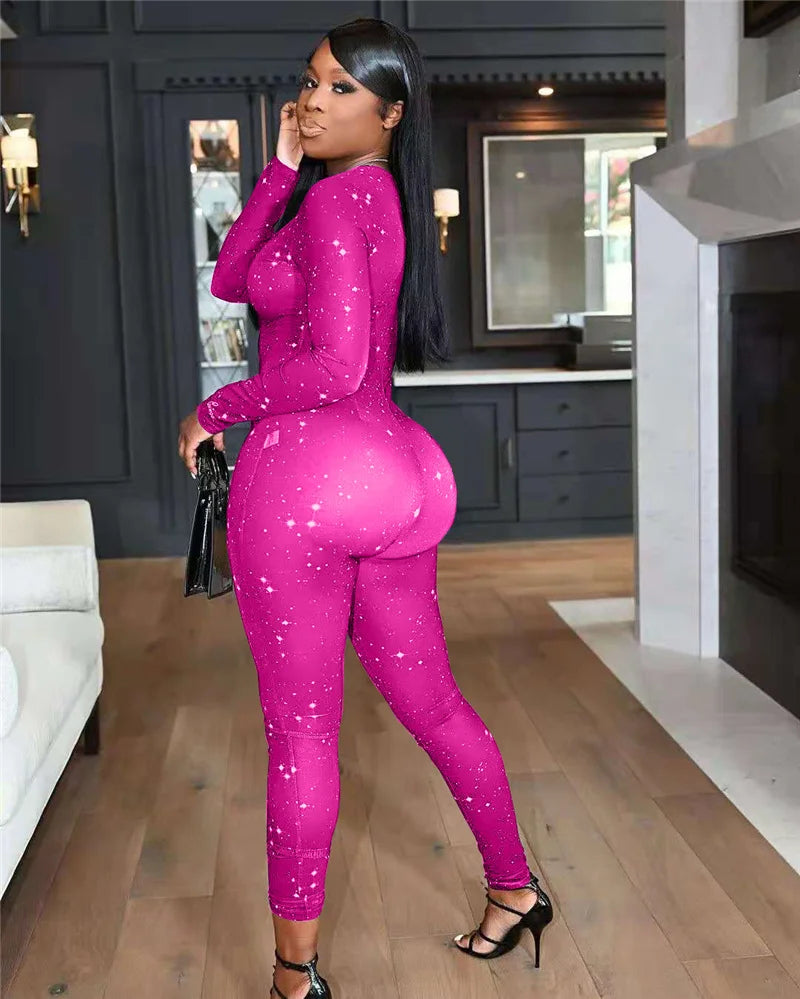 Galaxy Print Mesh Sheer Jumpsuit Women Overalls Front Zipper V-neck Bodycon Rompers Sexy Midnight Clubwear One Piece Outfits