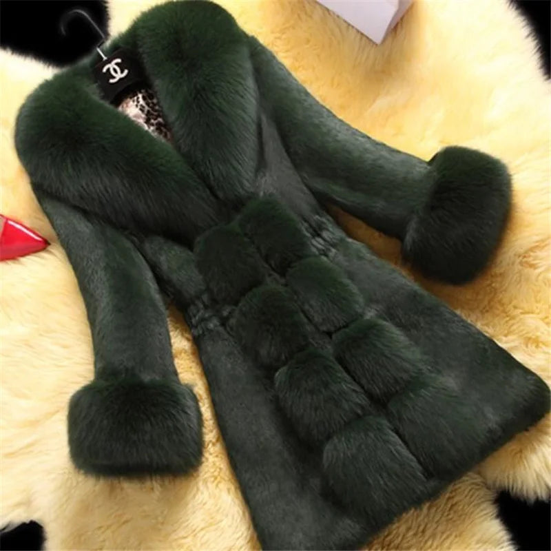 Vintage 2024 New Autumn Winter Female Mid-Long Fleece Overcoat Faux Fur Fox Fur Collar Mink Fur Coat Thicken Elegant 408