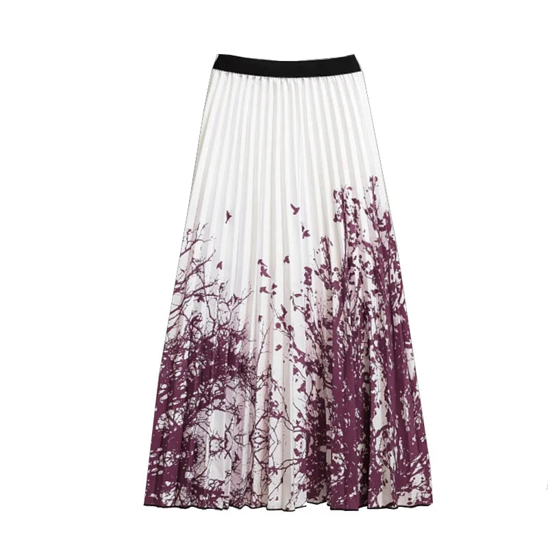 Casual Floral Midi Pleated Skirt For Women Fashion Printed Flower A Line Elastic High Waist Mid-length Skirt Female Ladies falda