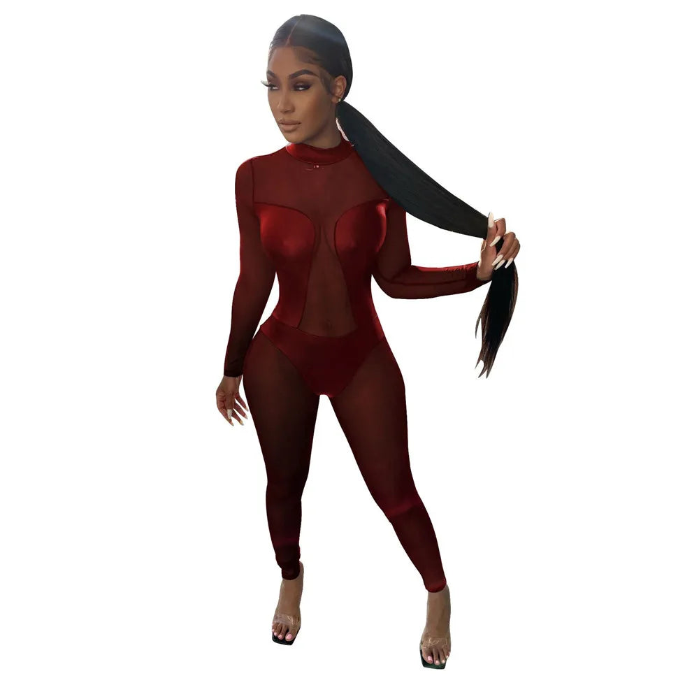 PU Leather Patchwork Mesh Jumpsuit for Women Bodycon Romper Long Sleeve See-through Night Out Club Party Jumpsuit Body Overalls