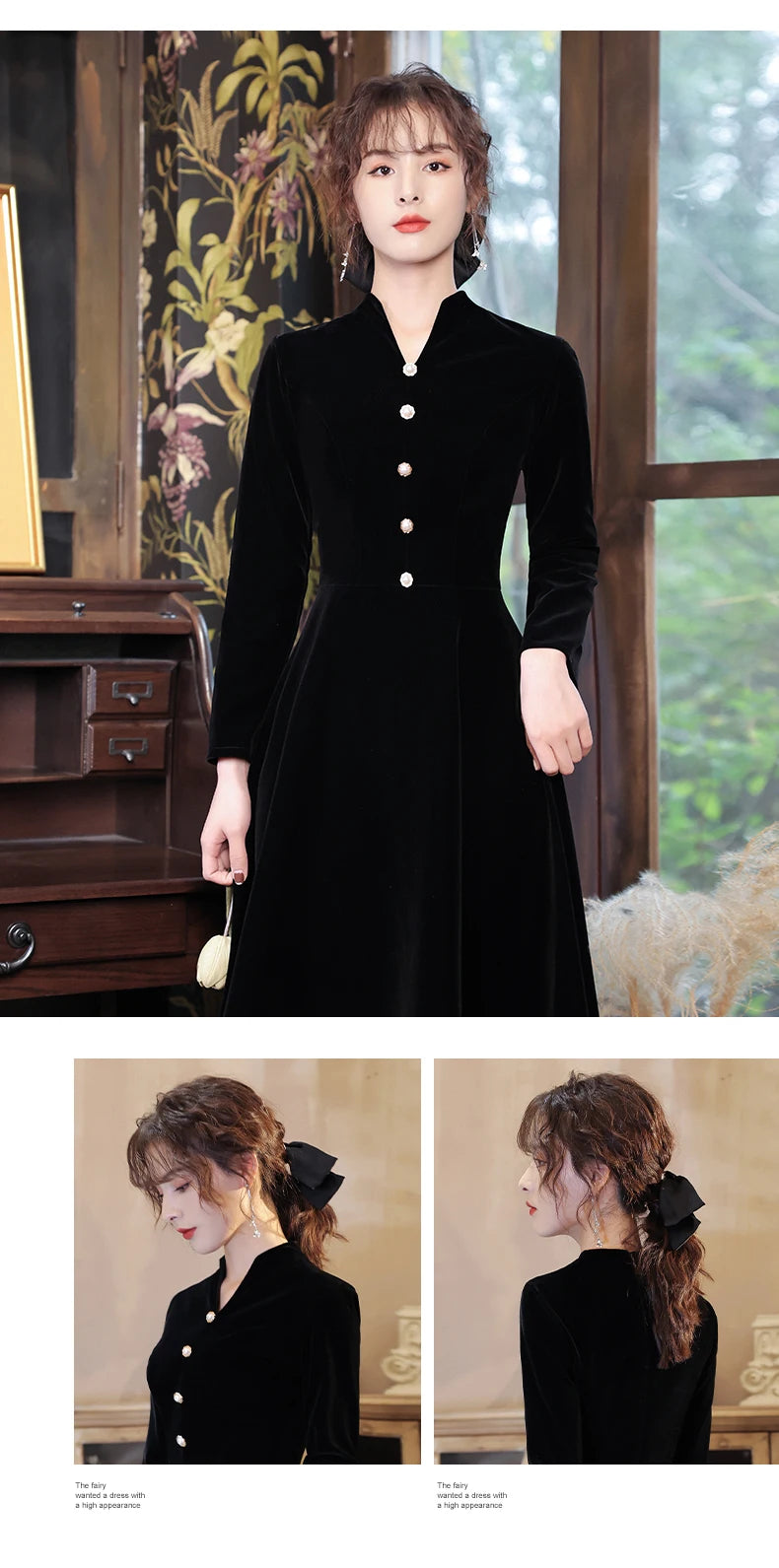 Customized Plue Size Black Velour Muslim Evening Gown V-Neck A-Line Floor Length Dress Long Sleeve Zipper Black Evening Dress