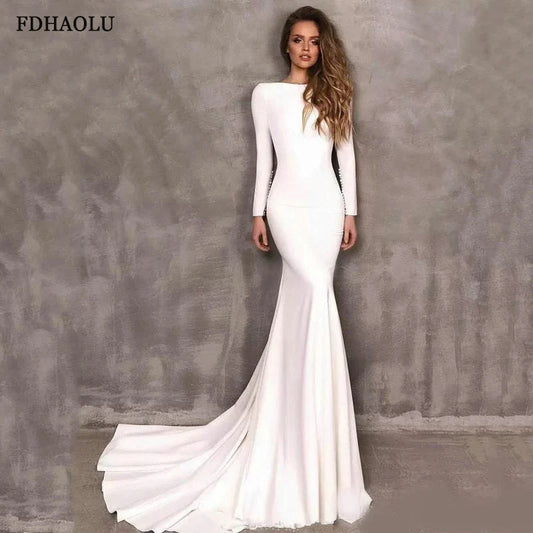 Customized FDHAOLU FU16 White Mermaid Wedding Dresses Long Sleeve Elegant Boho Satin Bride Dress Wedding Gowns Vestido De Noiva