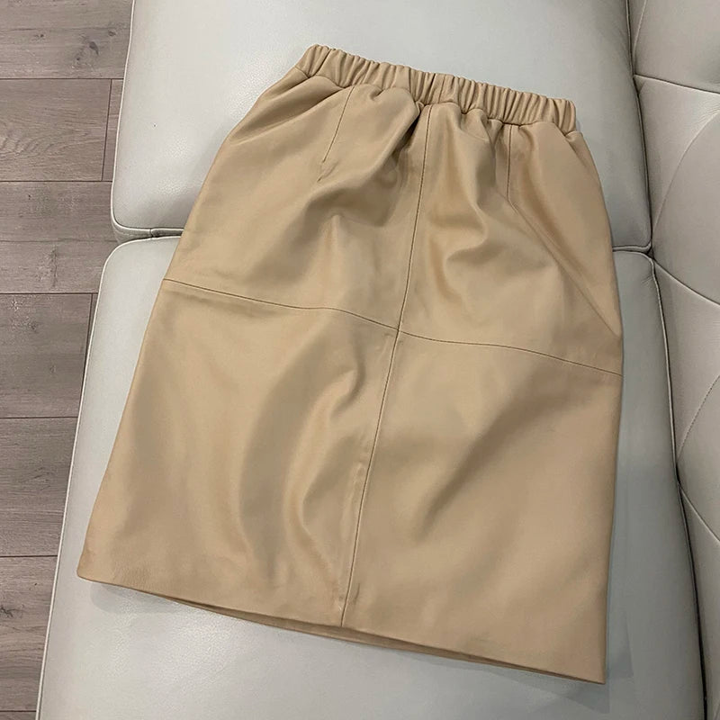 Leather Skirt Women With Pockets Midi Skirts Womens 2025 New Genuine Black And Green Sheepskin Leather Pencil Skirt Hgh Waist