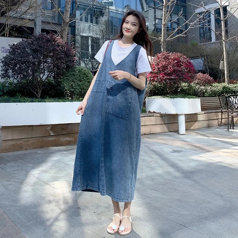 Fashion Women Denim Suspender Dress Loose V-Neck Sleeveless Suspender Dress Female Short Sleeve T-Shirt+Jeans Dresses Sets