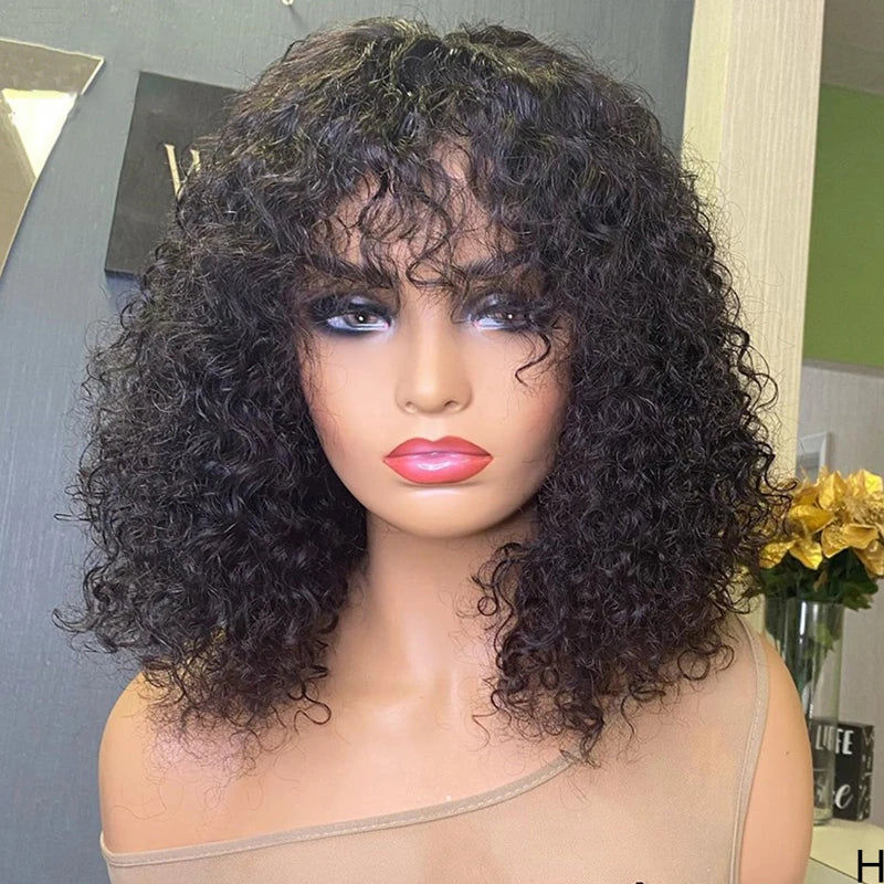 Short Bob Curly Human Hair Wigs Ombre Brazilian Remy Hair WIgs With Bangs Full Machine Made 180% Density Wigs For Black Women