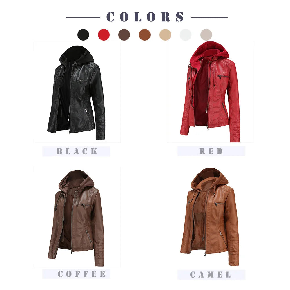 Autumn Winter Women Leather Jacket Hooded Removable PU Leather Jackets Motorcycle Long Sleeve Zipper Coat Black Outerwear XS-7XL