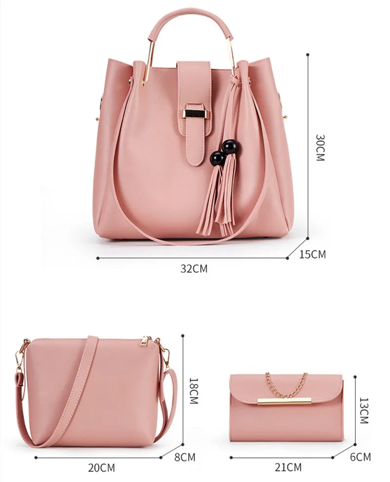 High Quality Women' s 3 Pcs Set Large Capacity Handbag Solid Color Purse Shoulder Messenger Bag Pu Leather Tote Bag