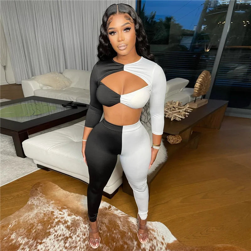Color Block Patchwork Two Piece Set Women Cut Out Crop Top and Pants Leggings Club Outfits for Women Matching Sets Tracksuit
