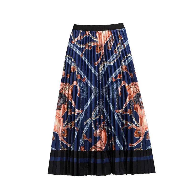 Casual Floral Midi Pleated Skirt For Women Fashion Printed Flower A Line Elastic High Waist Mid-length Skirt Female Ladies falda