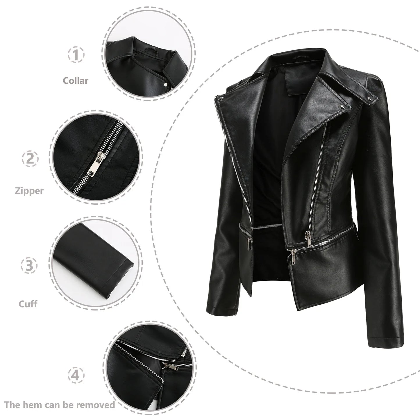 Spring Autumn Motorcycle PU Leather Jacket Women Casual Leather Coat Female Long Sleeve Turn-down Collar Solid Outwear