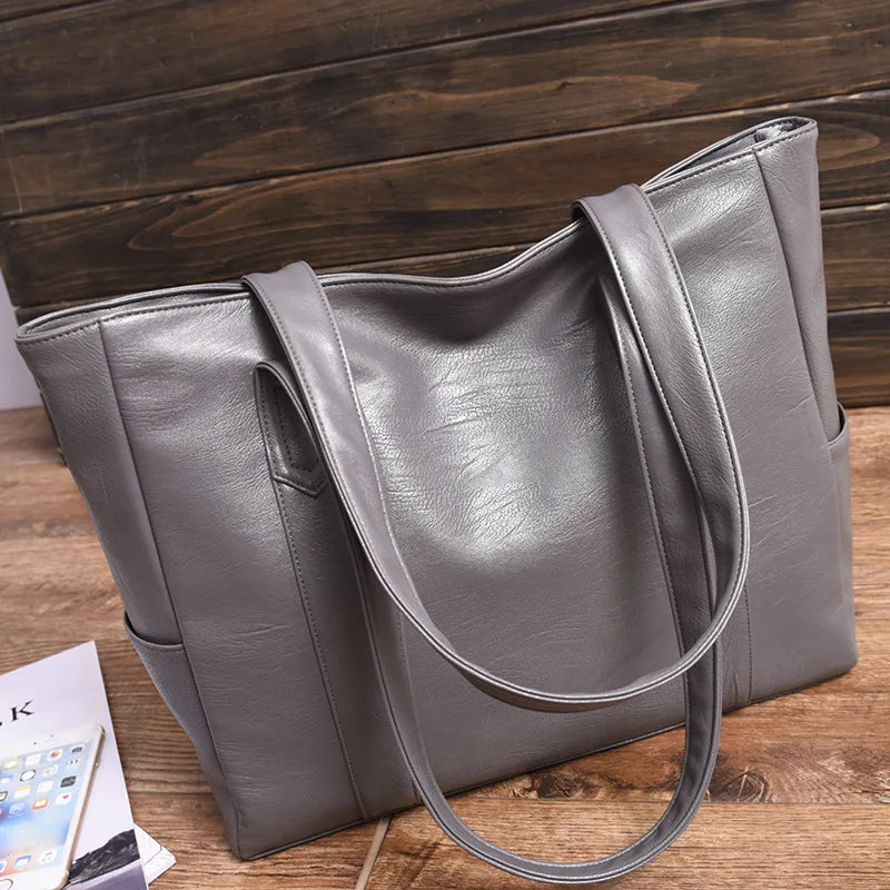 2024 Fashion Women Solid Color Shoulder Bag Soft Pu Leather Commute Large Capacity Casual Tote Handbag for Female