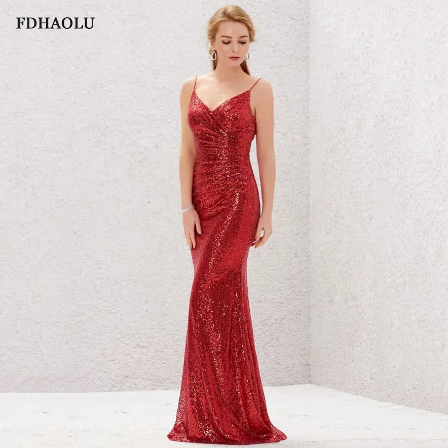 AE128 V-Neck Red Sexy Formal Party Gown Dubai Luxury Sleeveless Full Sequined Cocktail Evening Dress Customized