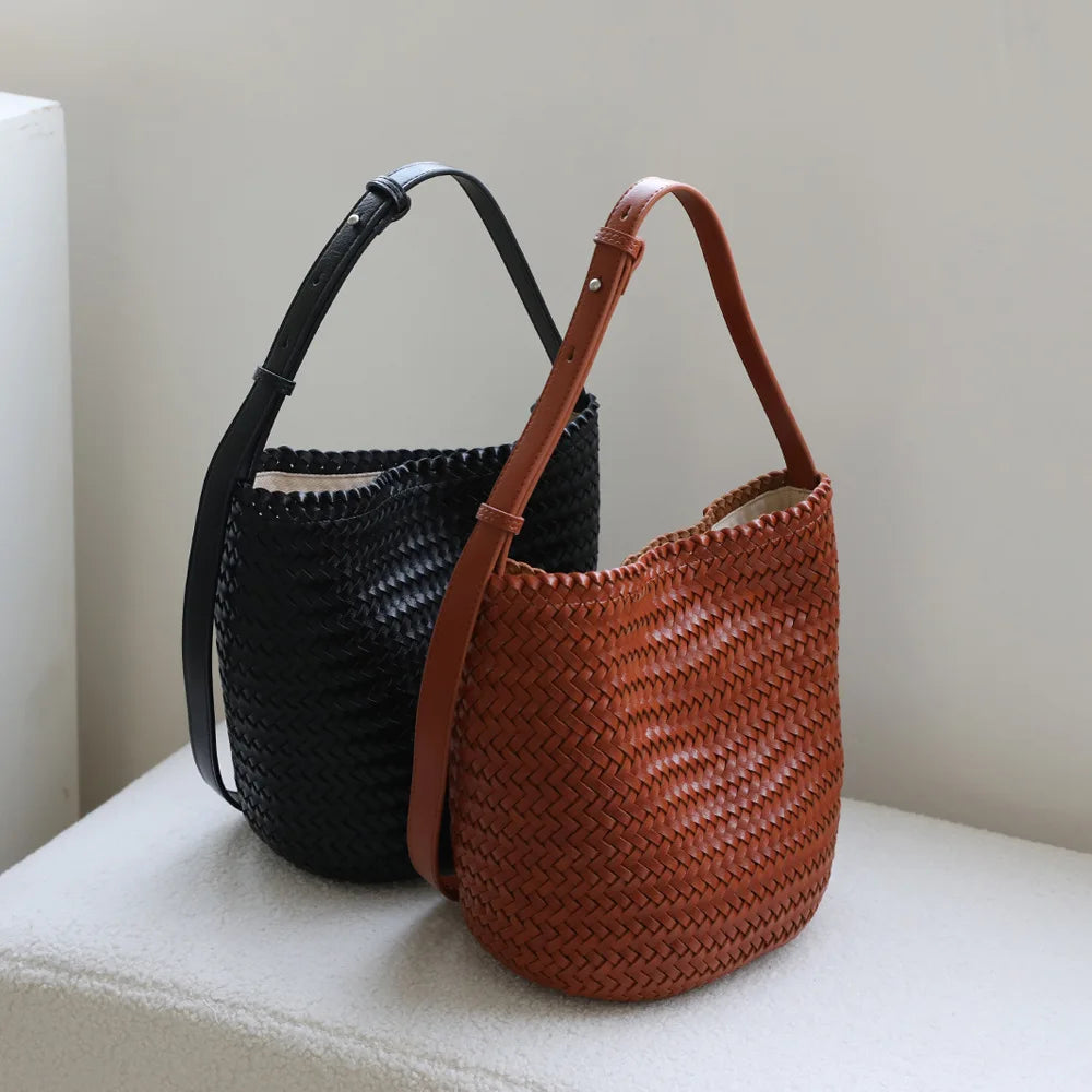 Luxury Vintage PU Leather Braided Bucket Bag for Women New High-End Hand-Woven Single-Shoulder Crossbody Bag Foldable Durable