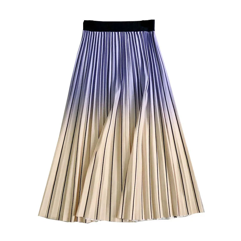 Casual Floral Midi Pleated Skirt For Women Fashion Printed Flower A Line Elastic High Waist Mid-length Skirt Female Ladies falda