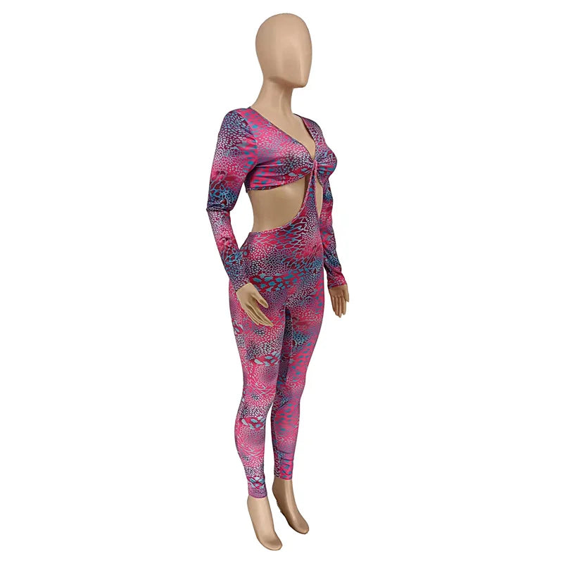 Sexy Hollow Out Rompers Womens Jumpsuit Long Sleeve Snakeskin Printed Club Wear Skinny Slim Party Jumpsuits Bodycon Overalls