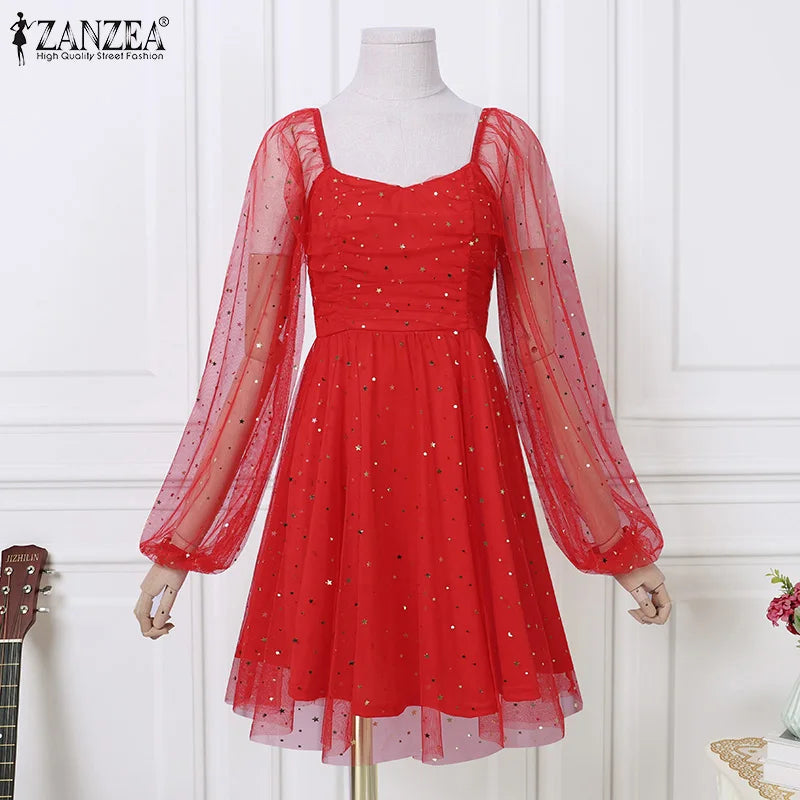 ZANZEA Elegant Women Dress 2024 Spring Summer Lace Patchwork Knee Length Dresses Casual Solid Long Sleeve A-line Oversized Robe