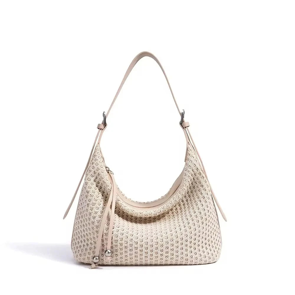 Casual Style Straw Woven with Cowhide Leather Shoulder Bags High Quality Beach Bags Straw Genuine Leather Handbags for Women