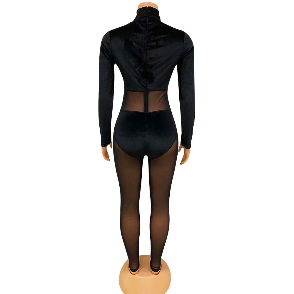 CM.YAYA Autumn Winter Women Long Sleeve Velvet Mesh Patchwork Jumpsuit Vintage Sexy Night Party Club One Piece Romper Playsuit