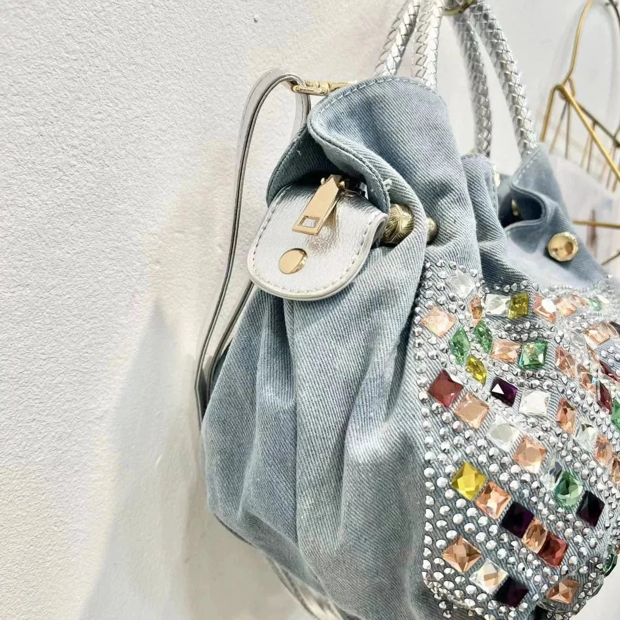 Fashion Diamond Set Denim Women's Bag Canvas Tote Girl Denim Trend Bag Crossbody Denim Blue 2024 New Model