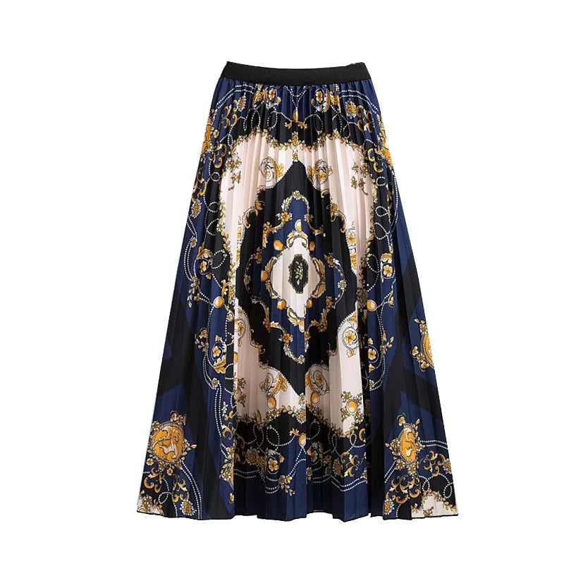 Casual Floral Midi Pleated Skirt For Women Fashion Printed Flower A Line Elastic High Waist Mid-length Skirt Female Ladies falda