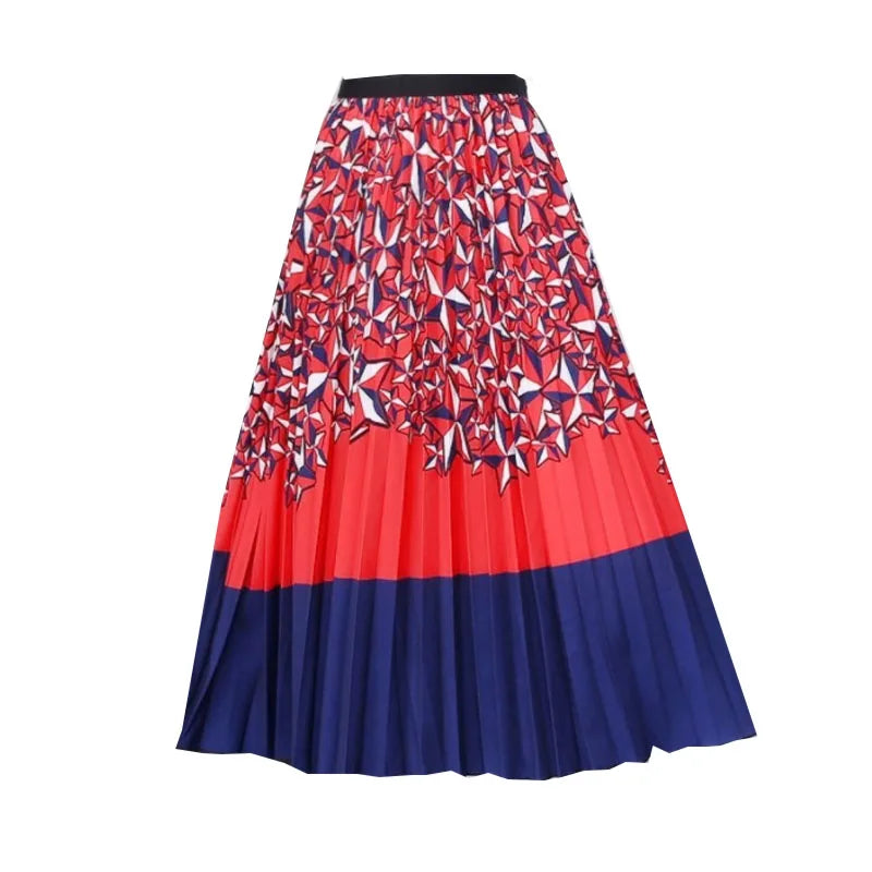 Casual Floral Midi Pleated Skirt For Women Fashion Printed Flower A Line Elastic High Waist Mid-length Skirt Female Ladies falda