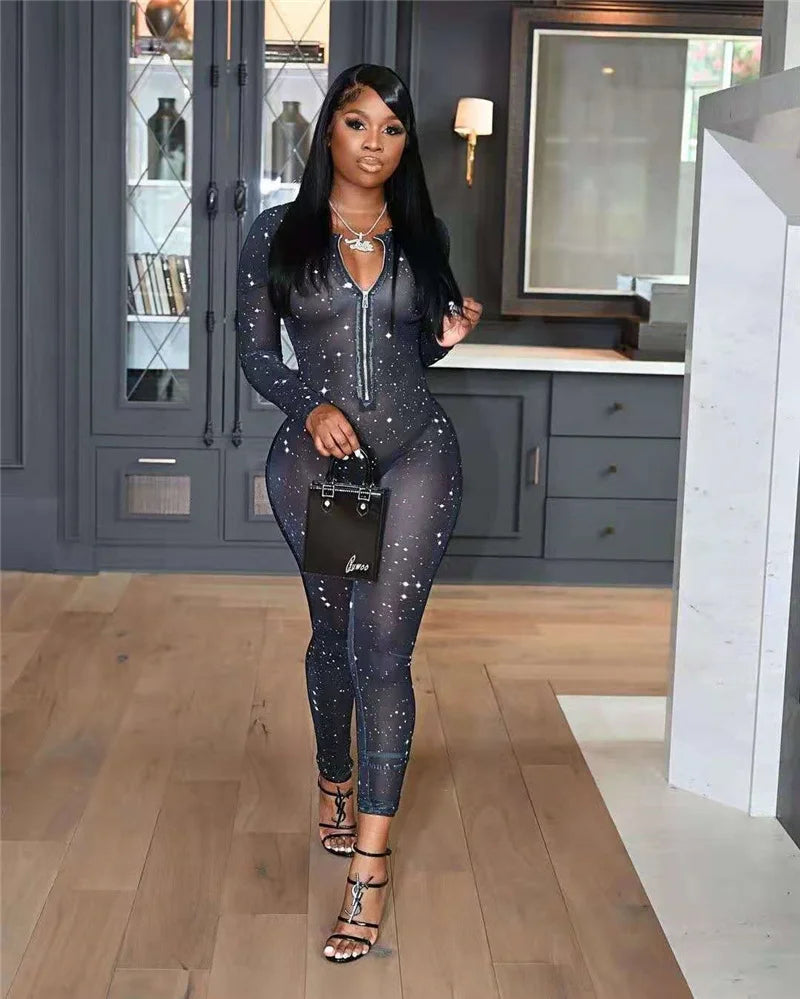 Galaxy Print Mesh Sheer Jumpsuit Women Overalls Front Zipper V-neck Bodycon Rompers Sexy Midnight Clubwear One Piece Outfits