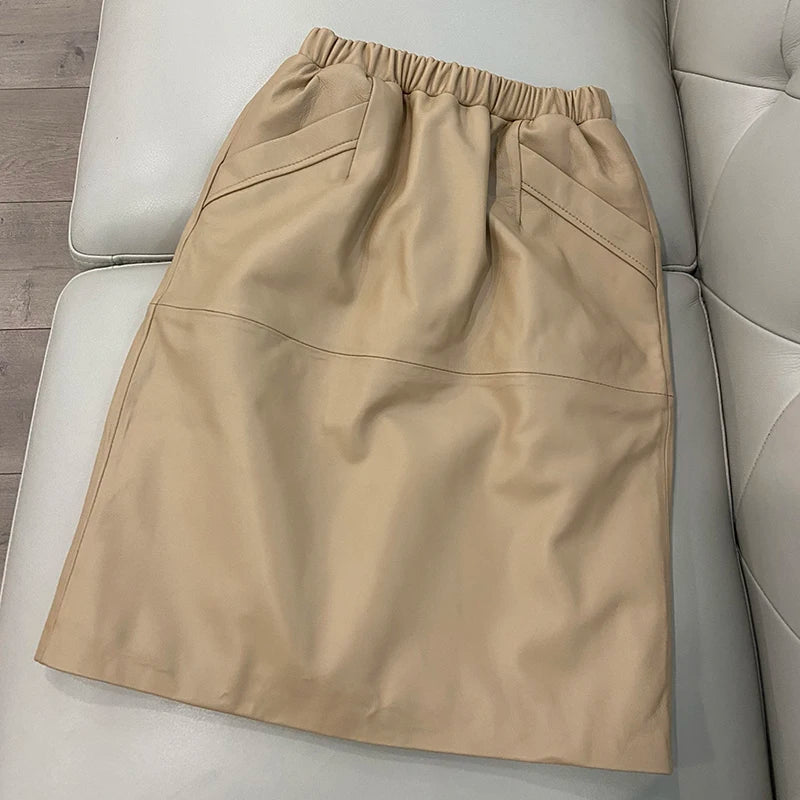 Leather Skirt Women With Pockets Midi Skirts Womens 2025 New Genuine Black And Green Sheepskin Leather Pencil Skirt Hgh Waist